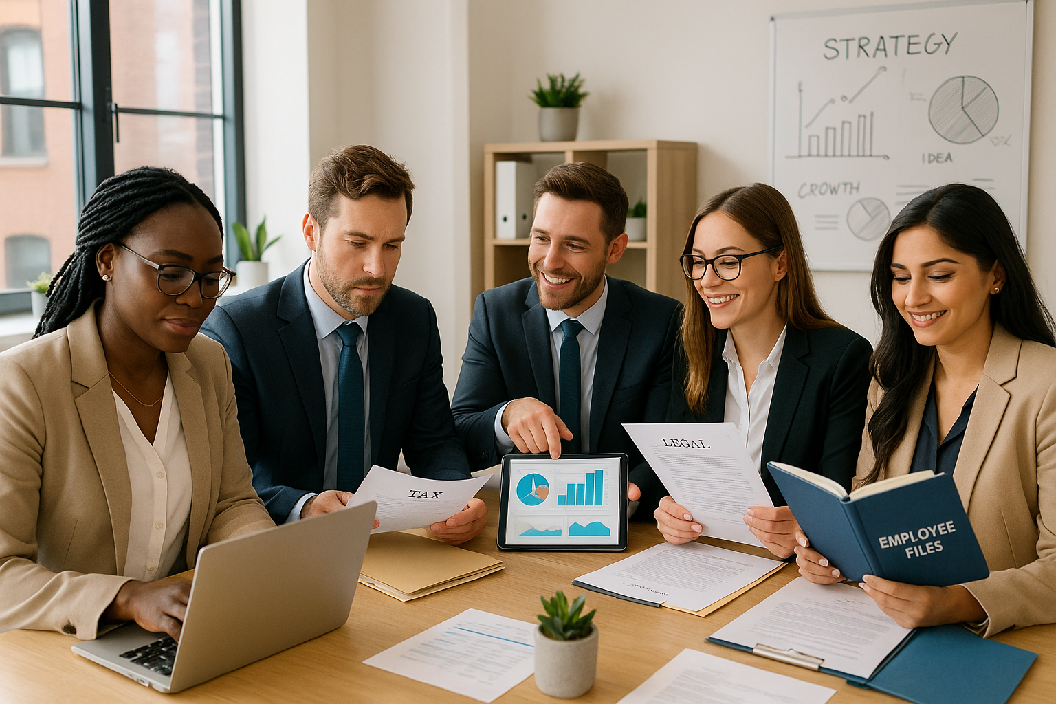 photographic A modern professional team collaborating in a bright stylish office setting The scene includes five diverse professionals representing di