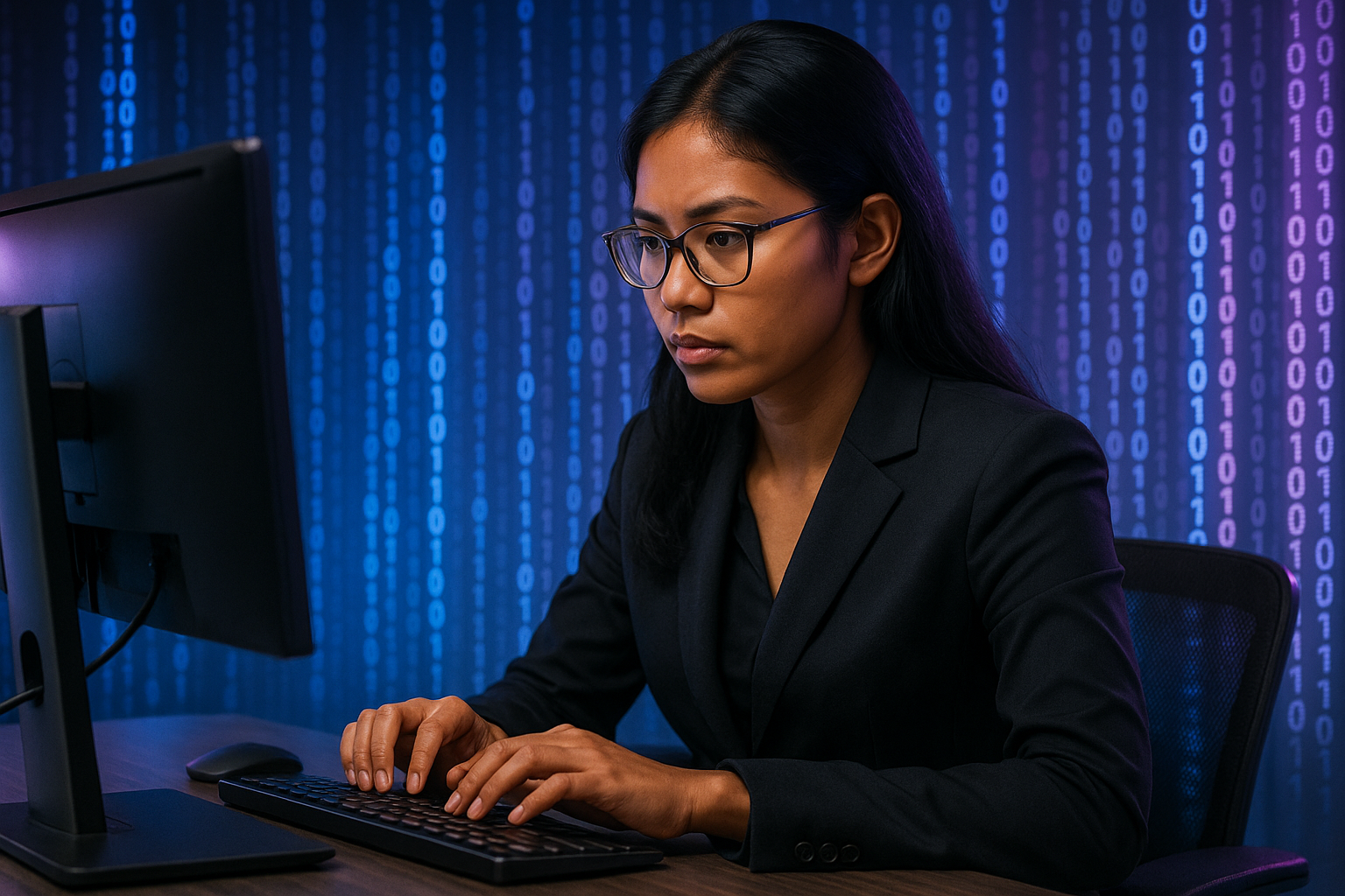 photographic In a photorealistic image a young Indonesian woman with glasses is deeply immersed in her work at a sleek computer terminal her fingers d-1