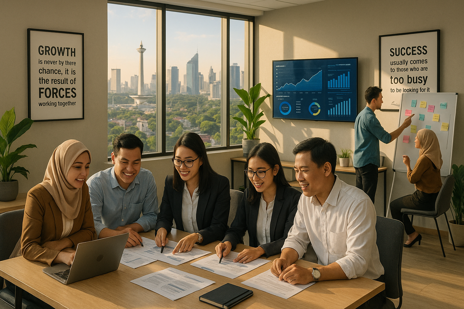 photographic The image depicts a modern office environment bustling with activity In the foreground a diverse group of Indonesian professionals is eng-1