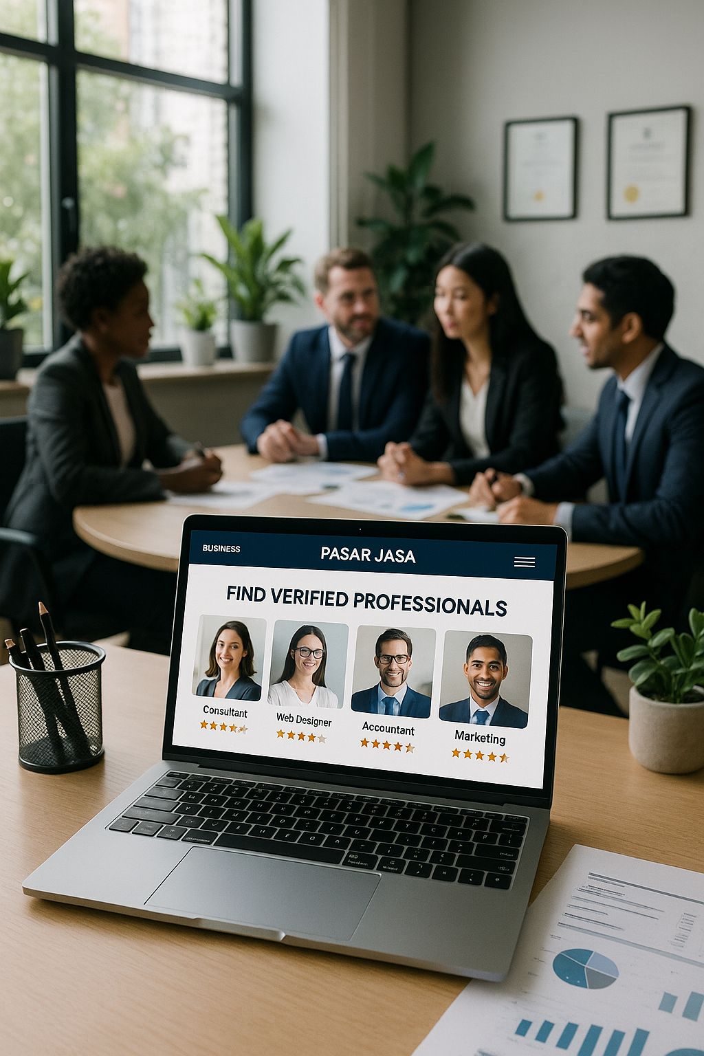 photographic The image depicts a professional office environment featuring a wellorganized desk with a sleek laptop open to a business website On the-3